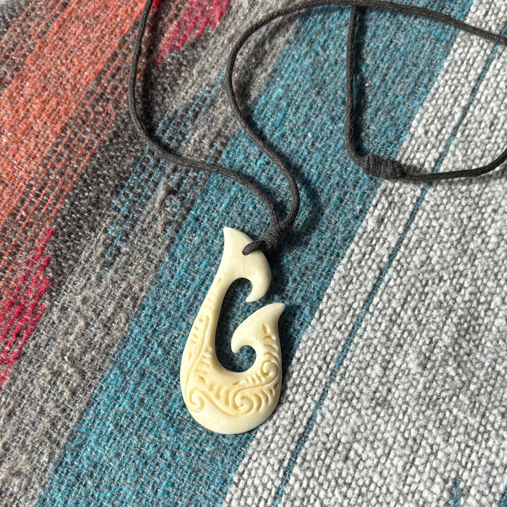 Hand Carved Australian Fish Hook Bone Pendant Necklace
